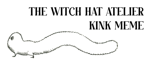 Profile view of brushbuddy walking. Above it there is text that says The Witch Hat Atelier Kink Meme.